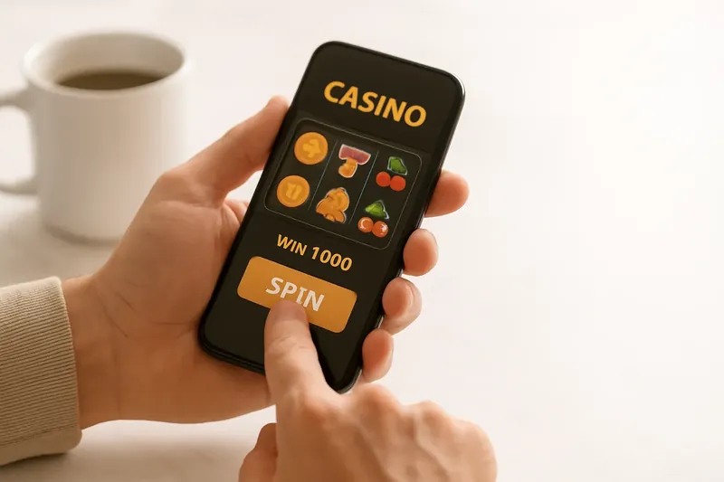 Man tapping mobile casino interface on phone at marble desk