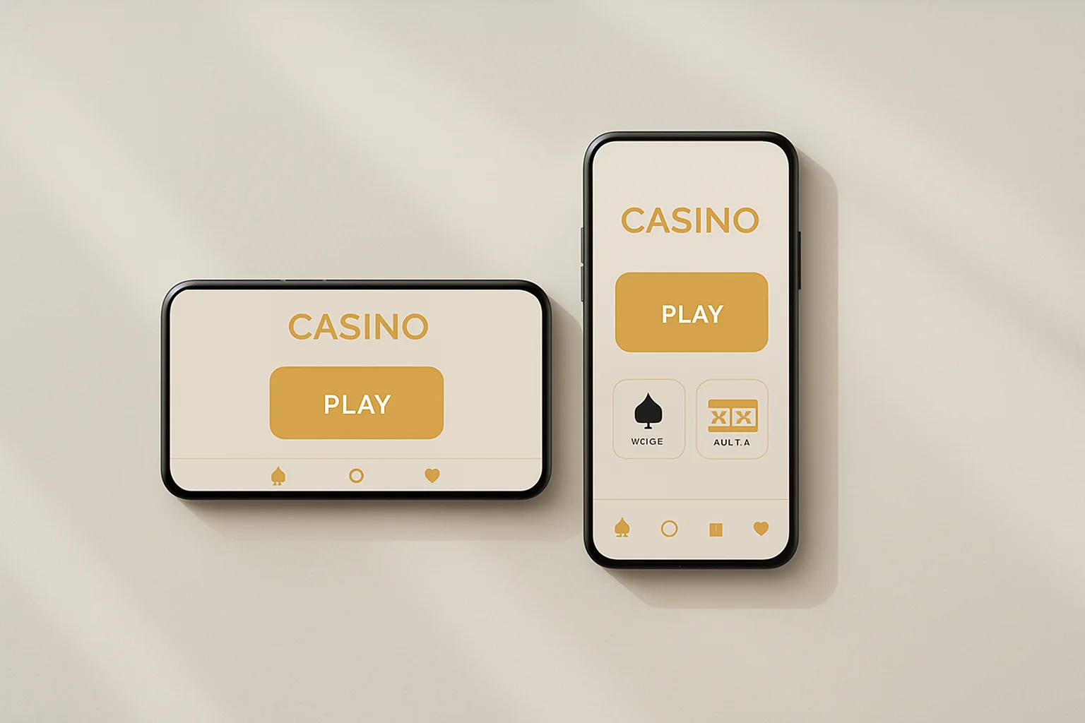 Two smartphones displaying a clean light casino app on white surface