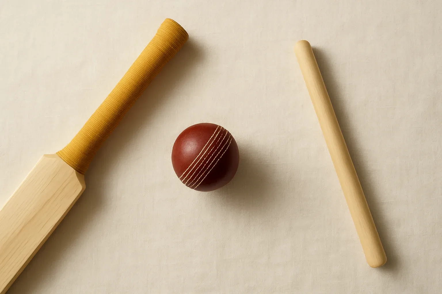 Overhead flat lay of cricket ball, bat handle and stump