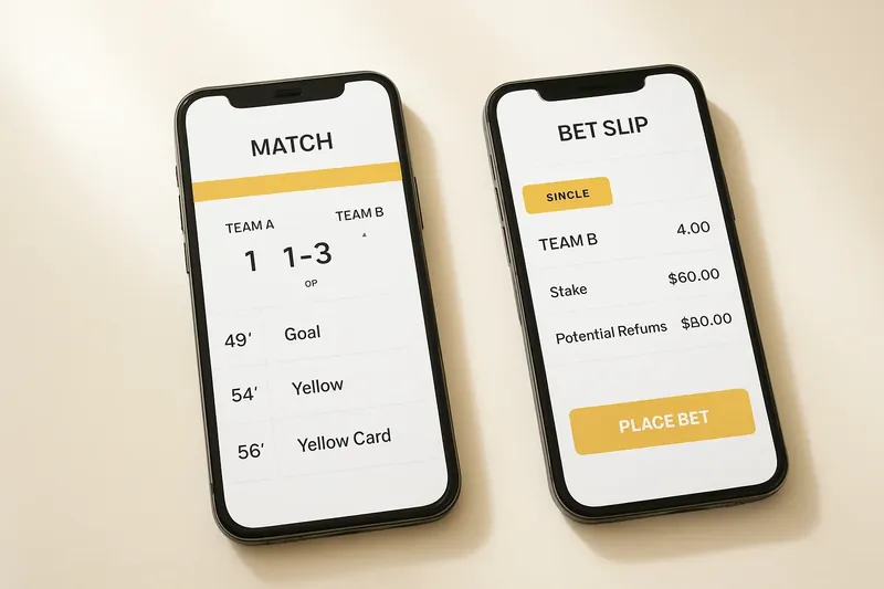 Two smartphones showing match dashboard and bet slip on cream surface