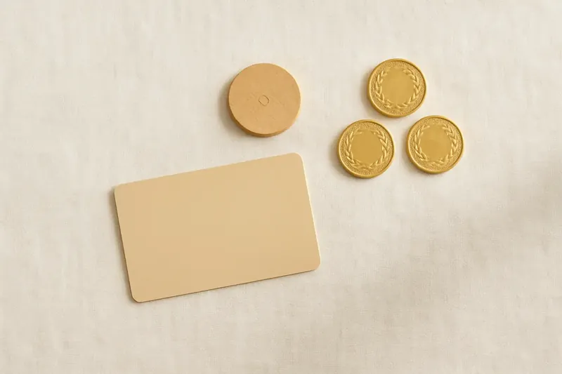 Loyalty card, bonus token and gold coins on white linen