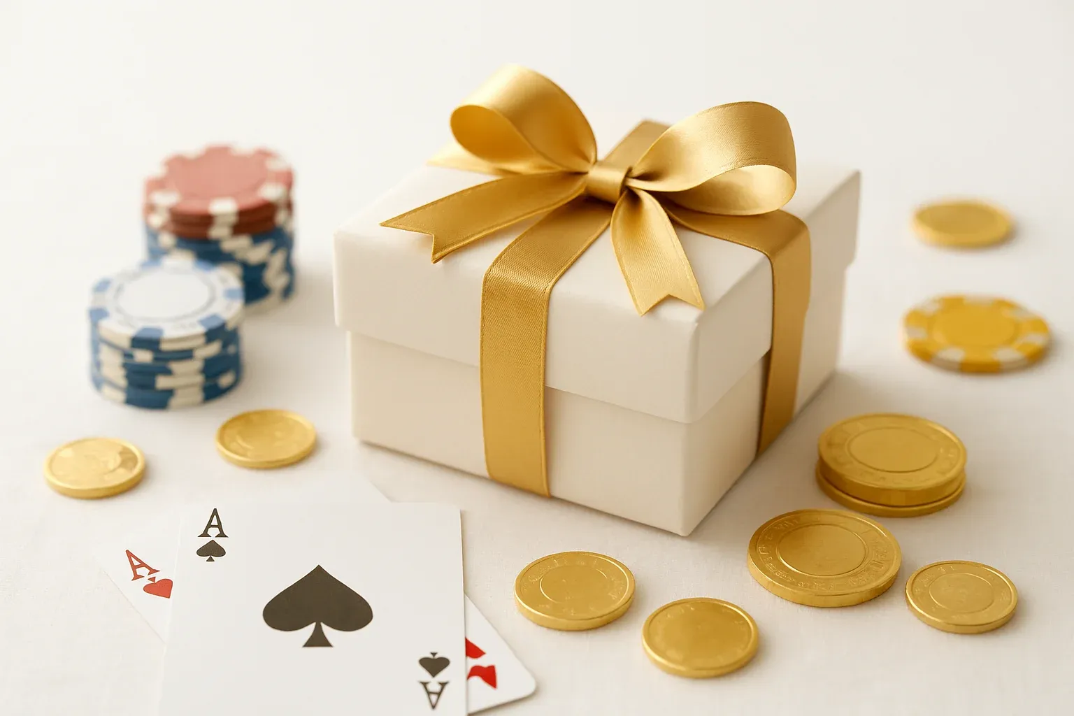 Premium gift box with casino chips, cards, and gold coins