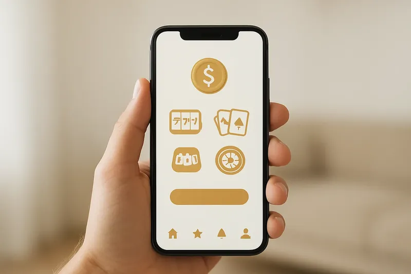 Hand holding smartphone with clean light-themed casino app interface