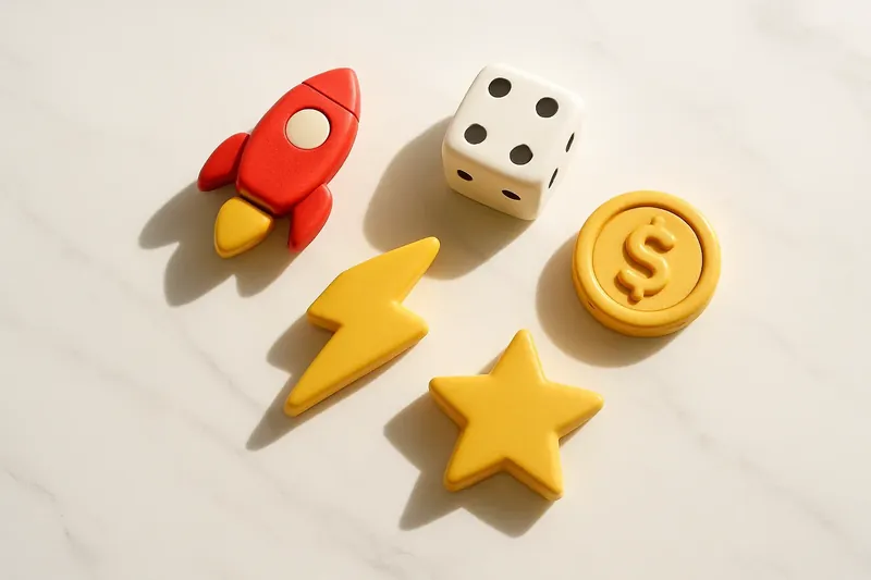 Five 3D instant game symbols on white marble flat lay