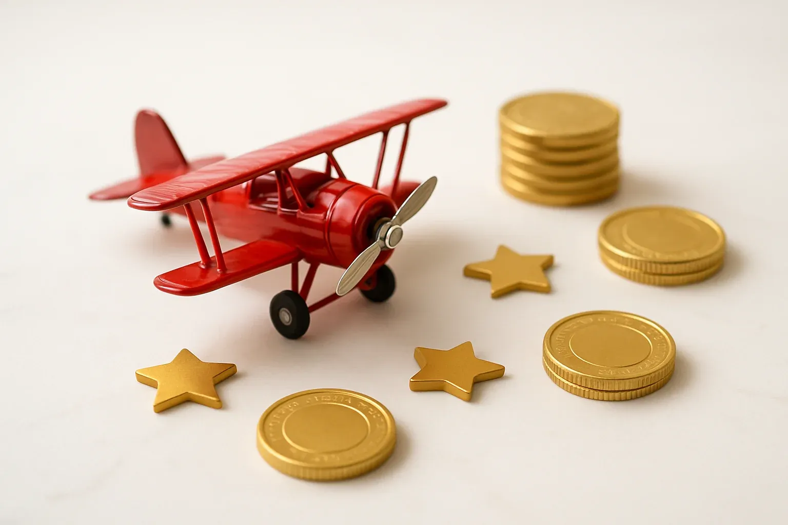 Miniature red airplane with gold coins and star tokens on marble
