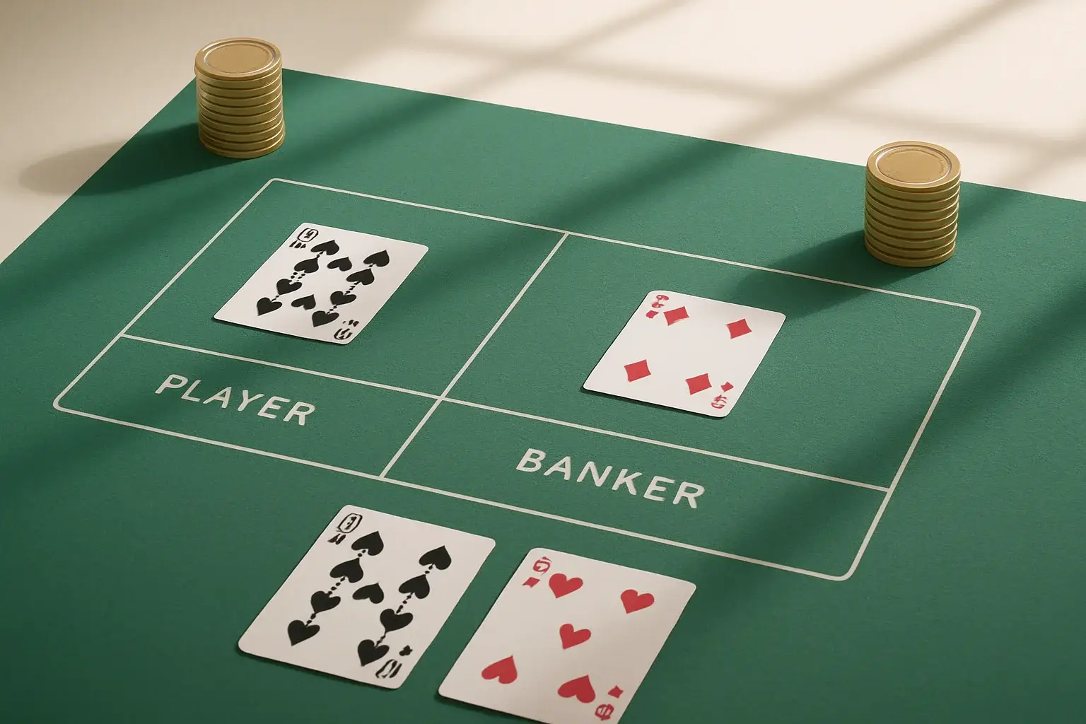 Overhead view of live baccarat table with gold chip towers