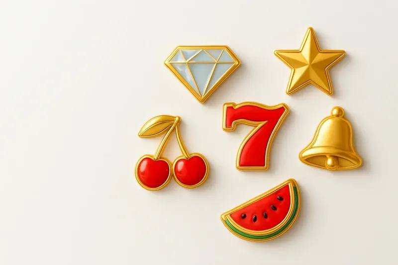 Assorted casino slot game icons with fruit, diamonds, lucky sevens, and stars