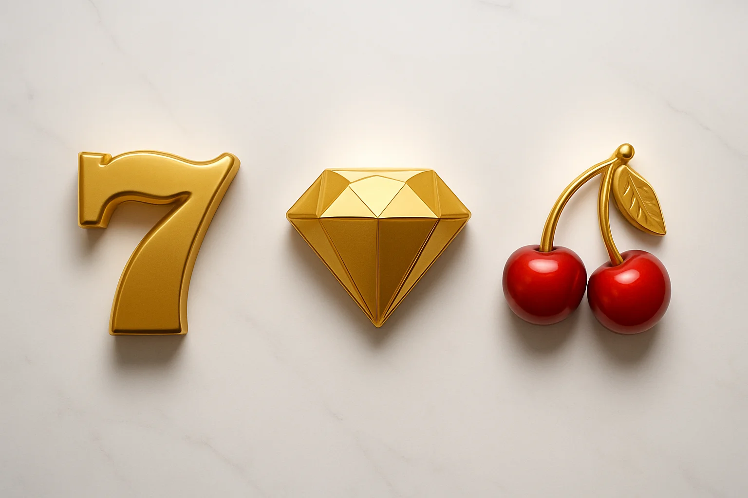 Three polished slot symbols on white marble with warm spotlights